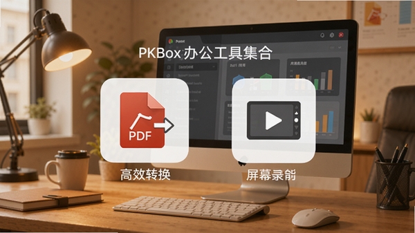 PKBox�칫���߼��Ͻ��棬չʾPDFת������Ļ¼�ƹ���ͼ�꣬����Ϊ�칫���泡����ɫ����ů��ǿ����Ч��ݡ�