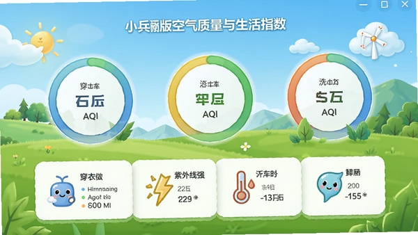 С���������԰��������������ָ��ҳ�棬�Ի��ν�����չʾAQI��ֵ���·��г����½��顢������ǿ�ȡ�ϴ��ָ���ȣ�ͼ���������������ɫ������Ȼ��