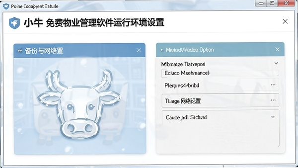 小牛免费物业管理软件运行环境设置界面,展示备份与网络配置选项
