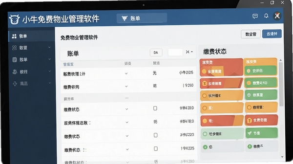 小牛免费物业管理软件收费管理界面,展示账单列表和缴费状态颜色标记