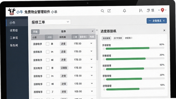 小牛免费物业管理软件报修工单界面,展示工单列表和进度跟踪看板