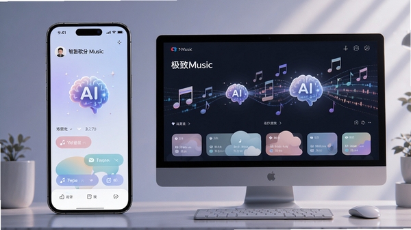 ����Music���ܸ赥�Ƽ����棬�ֻ������ͬ��չʾ�������������ǩ��ɫ����ͣ�AI����ͼ�꣬������������