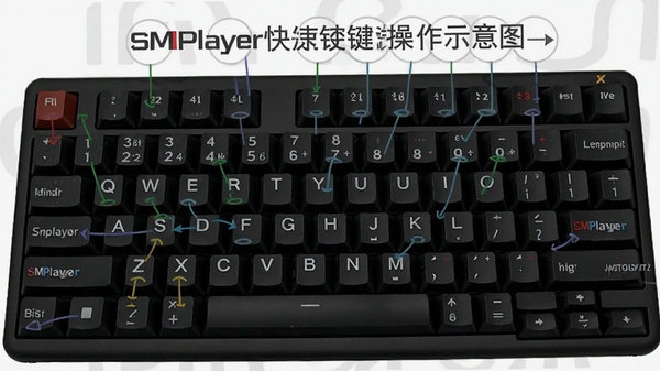 SMPlayer��ݼ�����ʾ��ͼ�������ϱ�ע���ÿ�ݼ�����
