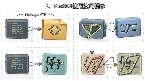 RJ TextEdʹ�ü�����ʾ�����FTP���ӡ�����ת������ݼ��Ȳ�����������Ϣͼ���