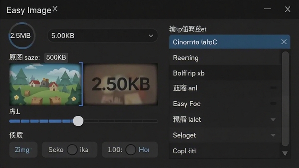 Easy Image X压缩设置面板截图,显示原图大小2.5MB,压缩后500KB,画质对比滑块,以及输出尺寸预设列表