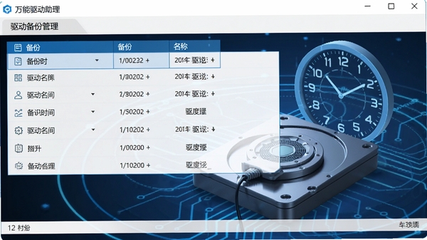 万能驱动助理驱动备份管理界面,显示备份列表、备份时间、驱动名称,背景为数据硬盘与时钟元素,蓝色科技色调,简洁清晰