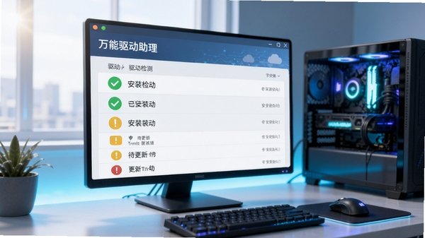 万能驱动助理主界面展示,简洁清晰的驱动检测列表,绿色对勾标识已安装驱动,黄色感叹号提示待更新驱动,背景为现代电脑桌面,光线明亮,科技感氛围