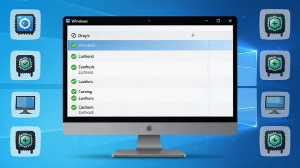 万能驱动助理运行在Windows桌面,驱动列表全部绿色对勾,电脑周边有硬件图标,整体画面干净明亮,科技感强