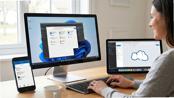 OneDrive ʹ��ָ�ϳ������û����ڶ��豸��ͬ���ļ�������չʾ���Ժ��ֻ�ͬʱ������ǿ������밲ȫ