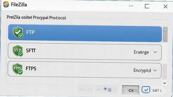 FileZillaЭ��ѡ����棬��ʾFTP��SFTP��FTPSѡ���չʾ�������ӵİ�ȫ��ʶ