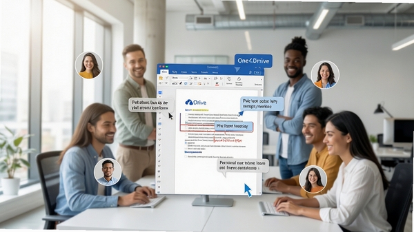 OneDrive多人协作编辑场景,多用户头像悬浮在共享文档周围,实时光标与批注气泡显示,现代办公环境背景,明亮通透的视觉风格,突出团队合作与效率