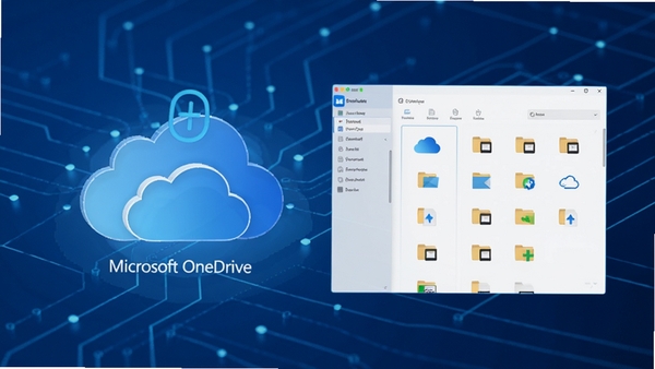Microsoft OneDrive云存储界面展示,蓝色调科技感背景,云端同步图标与文件管理界面结合,突出安全备份与多设备同步概念,风格现代简约,高清渲染图