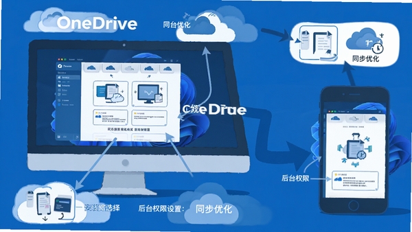 OneDrive使用技巧图解,电脑和手机同时显示OneDrive界面,标注安装路径选择、后台权限设置、同步优化等要点,扁平化插画风格,蓝色主色调,信息清晰易读