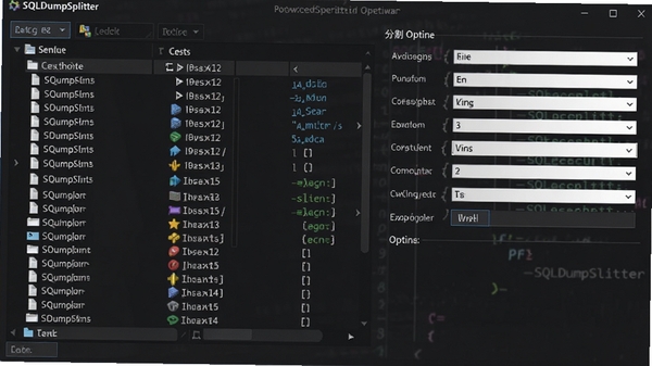 SQLDumpSplitter软件界面截图,展示文件分割操作面板,左侧为文件列表,右侧为分割设置选项,背景为深色代码风格,界面简洁清晰,专业感强