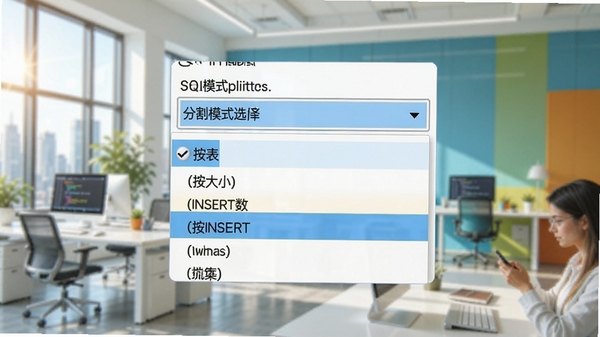 SQLDumpSplitter软件功能演示,显示分割模式选择下拉菜单,包含按表、按大小、按INSERT数等选项,界面高亮显示所选模式,背景为现代化办公环境,色彩明亮