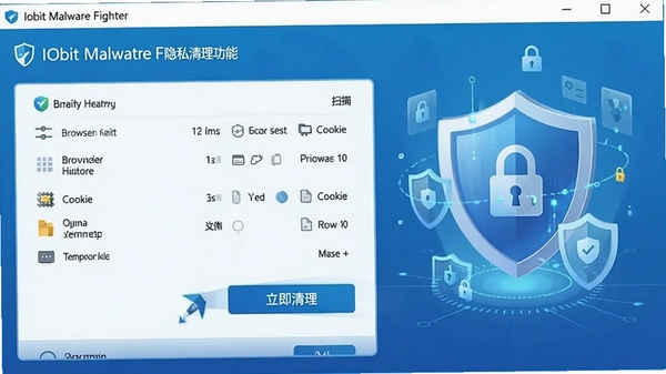 IObit Malware Fighter��˽�������ܽ��棬չʾɨ������������ʷ��¼��Cookie����ʱ�ļ�����𣬲����С�������������ť�����������������������������ͼ������˽����Ԫ�ء�