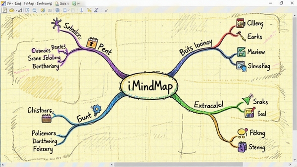 iMindMap������������̬��֧����չʾ��һ�������߷�֧�����������������죬��֧�ϴ��в�ɫͼ������ֱ�ǩ������Ϊ����ɫ����ֽ�������ֻ��ʸ�