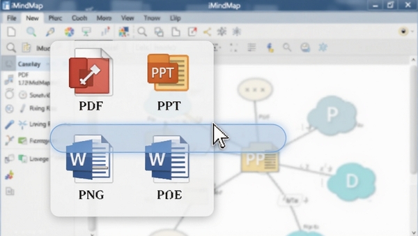 iMindMap�ĵ���ѡ��˵�������PDF��PPT��PNG��Word��ͼ�꣬����Ϊ���������棬���ָ����ͣ�ڵ�����ť�ϣ���������