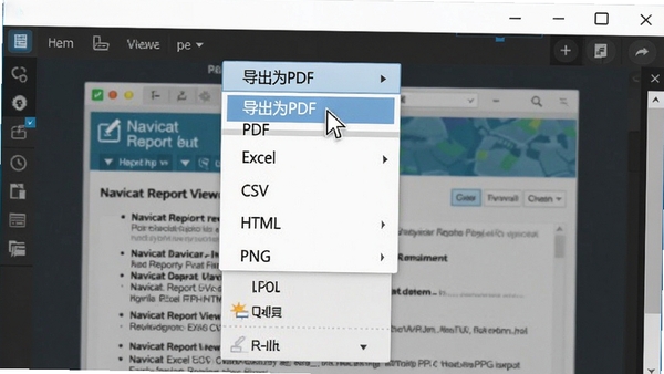 һ��չʾNavicat Report Viewer�����˵��Ľ�ͼ�������˵��������г�PDF��Excel��CSV��HTML��PNG��ѡ����ָ����ͣ�ڡ�����ΪPDF���ϣ�����Ϊ����Ԥ�����档