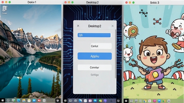 Desktops���Ի��������ý��棬չʾ����1������2������3�ֱ�ʹ�ò�ͬ���ı�ֽ������Ȼ�羰���Ƽ���������ͨ�廭����������࣬Ӧ�ð�ť��Ŀ