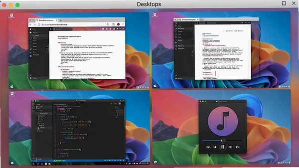 һ��չʾDesktops����������Ľ�ͼ�����������ĸ�������������ͼ��ÿ��������ʾ��ͬӦ�ó��򴰿ڣ�����������ĵ�������༭�������ֲ�������������ִ���ɫ��������ͻ������������ĸ�Ч������
