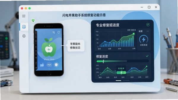 闪电苹果助手系统修复功能示意,显示设备连接状态与修复进度,界面带有专业诊断图表,色调清新