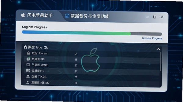 闪电苹果助手数据备份与恢复功能界面,显示备份进度条和数据类型列表,背景为深蓝色科技感设计