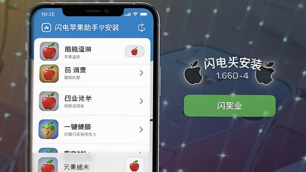 闪电苹果助手应用安装界面,展示应用列表和安装按钮,界面明亮,图标丰富,强调一键安装的便捷性