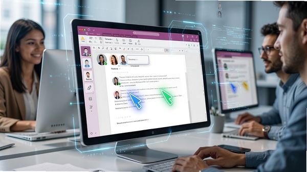 OneNote����Э���༭������չʾ����û�ͷ��Ͳ�ͬ��ɫ�Ĺ����ͬһҳ���ϲ�������������Ƽ��к��ŶӺ�����Χ��