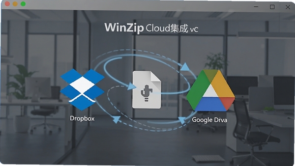 WinZip�ƶ˼��ɽ��棬չʾDropbox��Google Driveͼ�꣬�ļ�ͬ���������ִ��칫���ͻ��WinZip����Э������