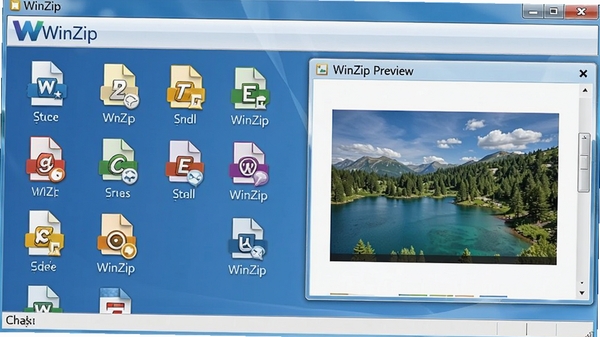 WinZip���ʽ��ѹ���棬չʾ����ѹ���ļ���ʽͼ�꣬Ԥ��������ʾͼƬ���ݣ������Ѻã�ɫ��������ǿ��WinZip�ļ�����
