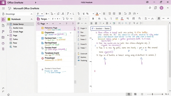 Microsoft Office OneNote �����ͼ��չʾ�ʼǱ�������ҳ���б��ͱʼǱ༭��������ִ���࣬ɫ��������ͻ�����ֱʼǵ���֯�ṹ
