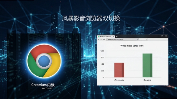 风暴影音浏览器双核切换界面,左侧Chromium内核图标亮起,右侧显示网页加载速度对比图表,背景为现代城市网络概念图