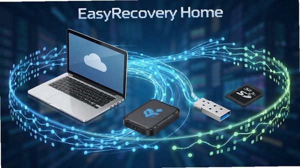 EasyRecovery Home软件连接多种存储设备示意图,包括笔记本电脑、移动硬盘、U盘和SD卡,周围环绕数据流线条,突出全介质支持特性