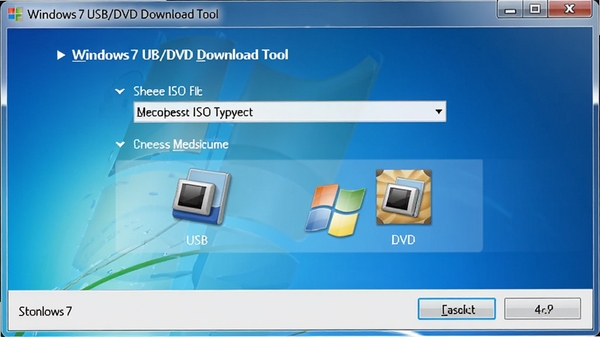 Windows7 USB/DVD Download Tool主界面截图,展示软件启动后的主窗口,包含选择ISO文件和选择介质类型的步骤提示,界面简洁清晰,背景为蓝色调,突出USB和DVD两种介质选项图标,整体风格为Windows经典窗口样式,画质高清,产品展示图,比例16:9