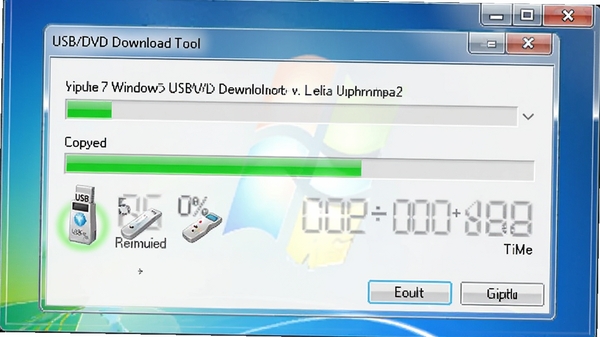 Windows7 USB/DVD Download Tool正在向U盘写入系统镜像的进度条截图,界面显示复制文件的百分比和剩余时间,背景为Windows经典窗口,进度条为绿色,USB设备图标高亮显示,场景写实,产品展示图,比例16:9