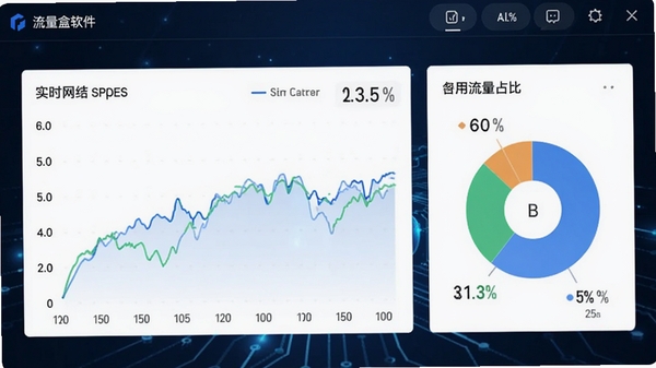 流量盒软件主界面截图,展示实时网速曲线与各应用流量占比饼图,背景为深蓝色科技感,界面清晰简洁,突出流量监控功能。
