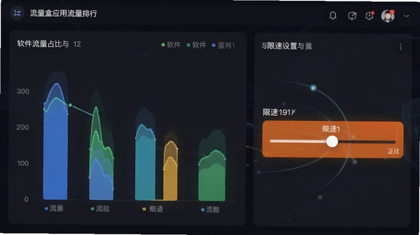 流量盒应用流量排行列表与限速设置界面,展示各软件流量占比柱状图,并高亮显示限速滑块,背景为深色主题,突出管理功能。