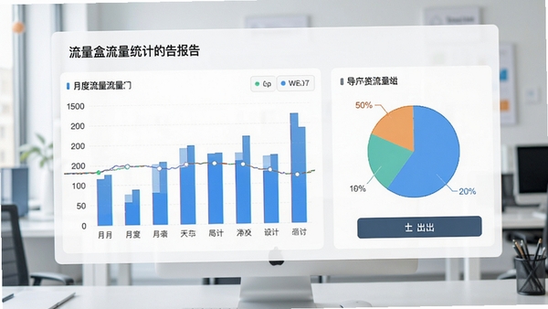 流量盒流量统计报告界面,展示月度流量柱状图与饼图,包含导出按钮,背景为浅色办公风格,强调数据可视化。