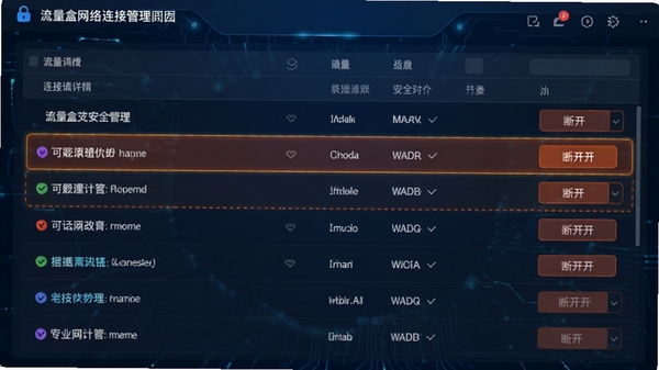流量盒网络连接管理界面,表格形式展示连接详情,高亮显示可疑连接并带有断开按钮,背景为科技感蓝色,强调安全防护。