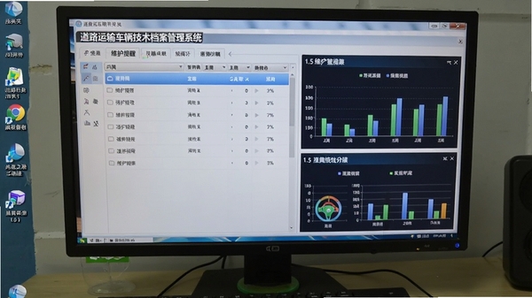道路运输车辆技术档案管理系统操作界面,展示维护提醒列表和统计图表,背景为电脑桌面,风格真实,突出软件使用场景。