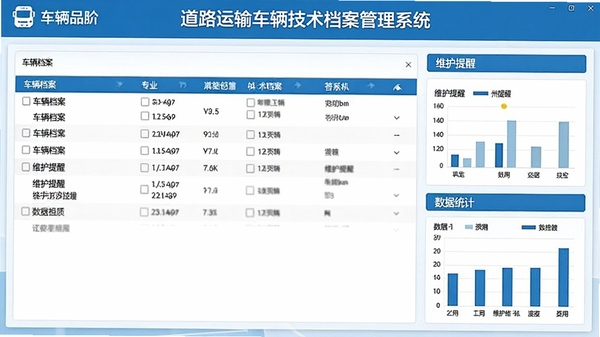 道路运输车辆技术档案管理系统界面截图,展示车辆档案列表、维护提醒、数据统计等核心功能,设计风格专业简洁,色彩以蓝色和白色为主,整体画面清晰明亮,突出软件的品牌名称。