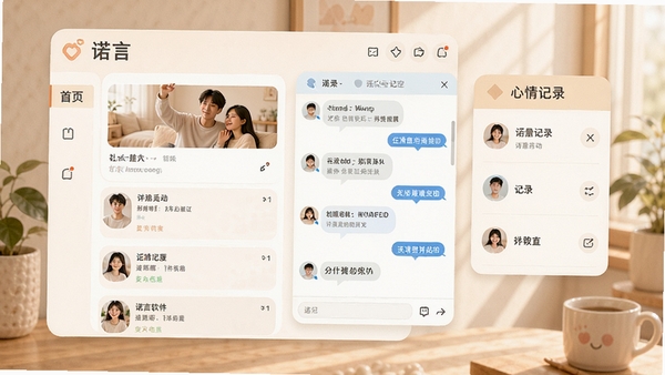 诺言软件界面展示图,显示首页动态流、聊天窗口和心情记录功能,整体风格清新温暖,色彩柔和,突出社交与记录的核心场景