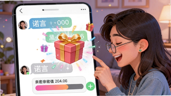 诺言亲密互动界面,展示聊天窗口中的礼物特效和亲密值进度条,色彩活泼,体现趣味性和情感连接