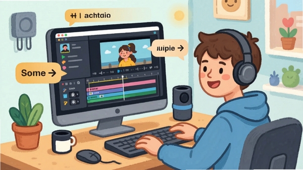 Movie Studio使用指南插图,展示用户操作电脑剪辑视频的场景,屏幕上有时间线,周围有快捷键提示,风格友好