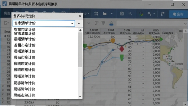 晨曦清单计价多版本定额库切换界面,下拉菜单显示各省市定额列表,背景为造价表格,专业大气
