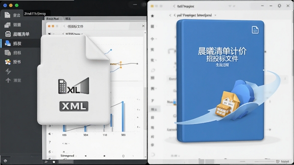 晨曦清单计价招投标文件生成过程,导出XML文件与标书封面预览,界面清爽,文件图标立体