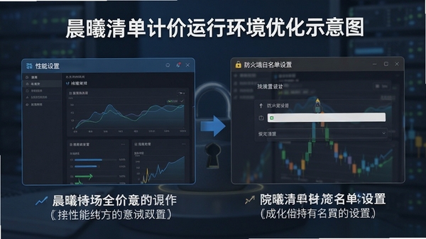 晨曦清单计价运行环境优化示意图,显示性能设置界面与防火墙白名单设置,配以文字说明