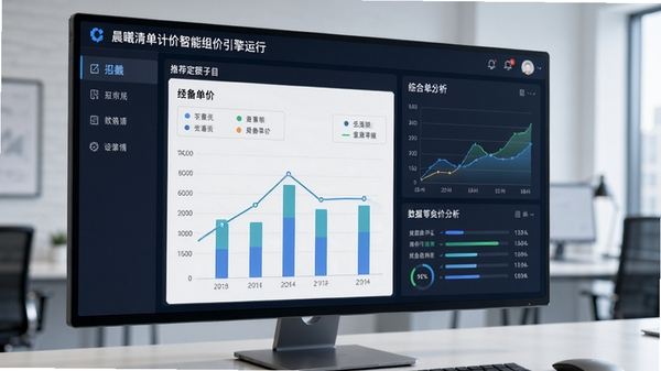 晨曦清单计价智能组价引擎运行界面,显示推荐定额子目与综合单价分析图表,数据可视化,现代商务风格