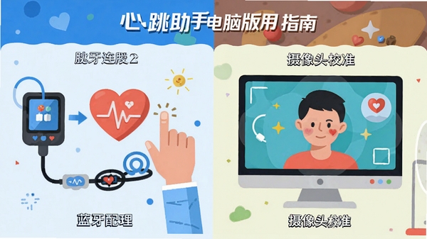 心跳助手电脑版使用指南示意图,展示连接蓝牙心率带和摄像头两种方式,左侧为蓝牙配对流程,右侧为摄像头校准画面,风格为扁平化插画,色彩明快